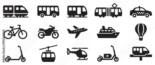 Diverse collection of transportation icons depicting various modes of travel, from personal vehicles to public transit systems.
