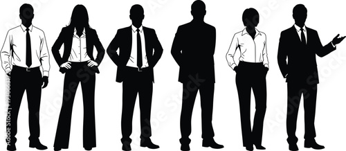 Business professionals silhouette, corporate team standing, office attire, formal suits, workplace diversity, business people illustration, teamwork concept, leadership, career, flavector