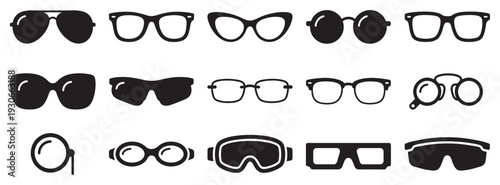 Diverse collection of black and white eyewear icons featuring various styles of glasses, sunglasses, and goggles.