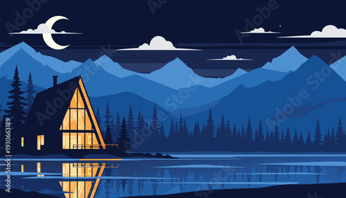 Tranquil mountain lake cabin getaway at night with moon and stars