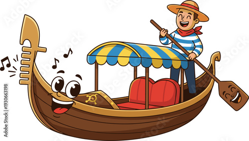 Happy Cartoon Gondola Character Singing Song With Gondolier On White Background