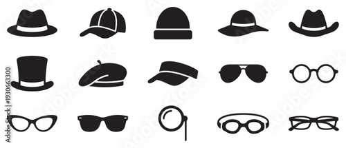 Various hats and glasses icons collection representing different styles of headwear and eyewear accessories in a simple silhouette design.