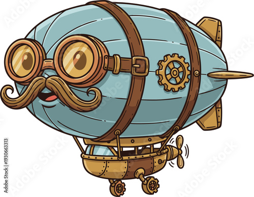 Light Blue Zeppelin With Goggles And Mustache Flying With Small Propellers And Gears