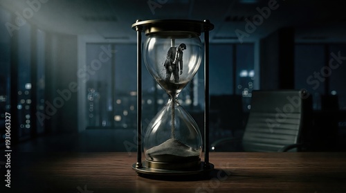 Concept of burnout and stress in a business office captured through a surreal scene of a figure trapped in an hourglass during night work hours