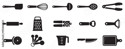 Kitchen utensils collection of cooking and baking tools features a variety of essential equipment for preparing delicious meals and treats.