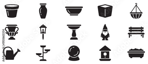 Garden icons set featuring various gardening elements, outdoor decorative items, and landscaping tools for modern design projects.
