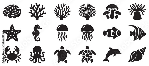 Marine life icons collection featuring various sea creatures and underwater elements in a simple silhouette style.