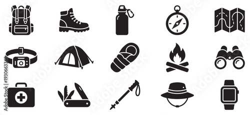 Camping and hiking icons collection showcasing essential gear and equipment for outdoor adventure, exploration, and survival.