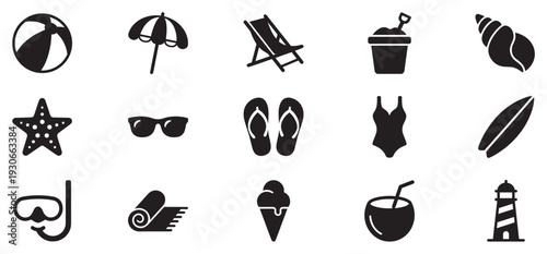 Summer beach vacation holiday travel icons collection featuring various essential items for seaside relaxation and enjoyable outdoor activities.