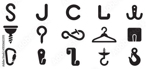 Various types of hooks, hangers, and fasteners icon set for securing and organizing objects in diverse settings.