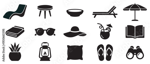 Collection of vacation and relaxation icons illustrating various items for a perfect summer holiday or getaway.