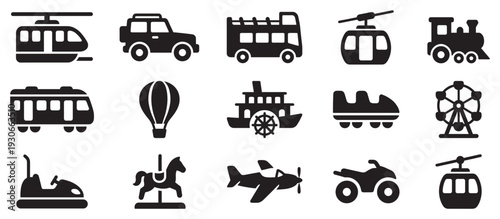 Various transportation and amusement park vehicles and rides are illustrated as a comprehensive set of simple black icons.