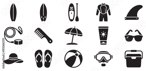 Beach and surf vacation items collection set featuring essential gear and accessories for summer holidays and water sports.