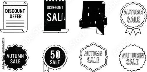 Collection of discount and sale tags, including "Discount Offer", "Discount Sale", and "Autumn Sale" designs