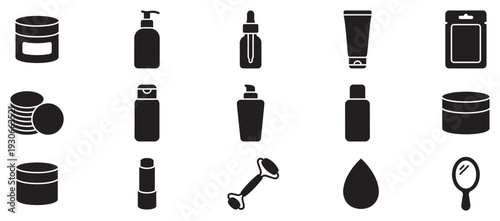 Cosmetic skincare beauty product icons set in a modern flat style for various health and personal care applications.