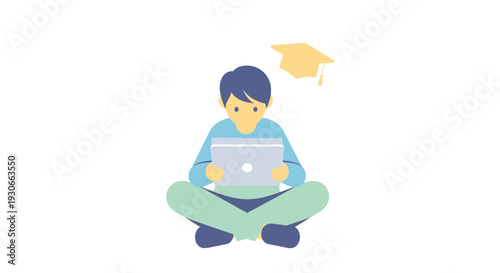 Student learning online with laptop and graduation cap