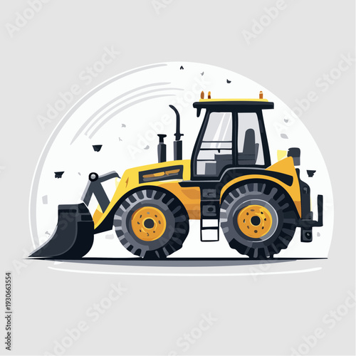 Yellow Front End Loader Tractor with Black Accents and Large Wheels.