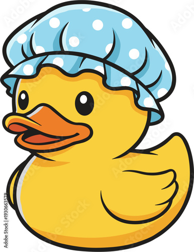 Yellow Rubber Duck Wearing Blue Polka Dot Shower Cap