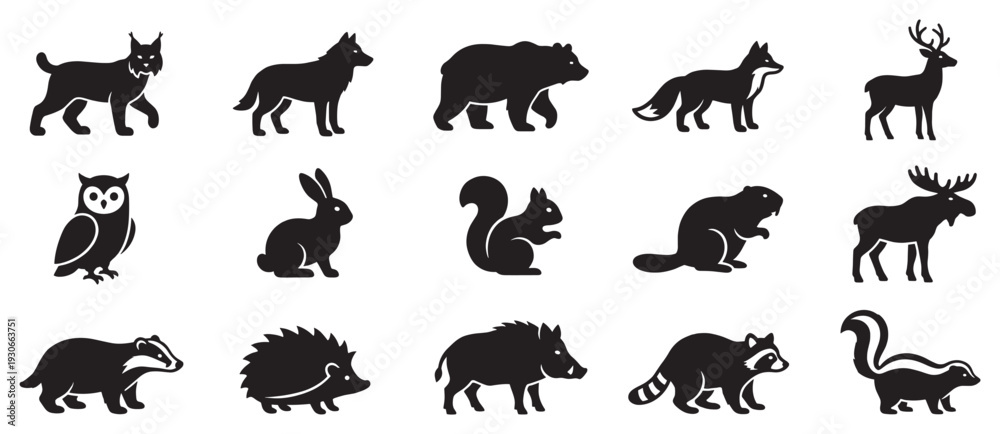 Obraz premium Collection of various wild forest animals silhouettes and woodland creatures icons for nature designs, educational materials, and wildlife themes