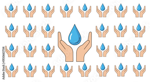 Hands holding and releasing blue water drops.