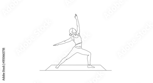 Woman practicing yoga warrior pose on mat, minimalist line art