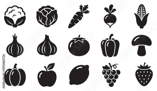 Various fruits and vegetables icons set in a clean and simple black silhouette style, perfect for healthy eating concepts and food-related designs.