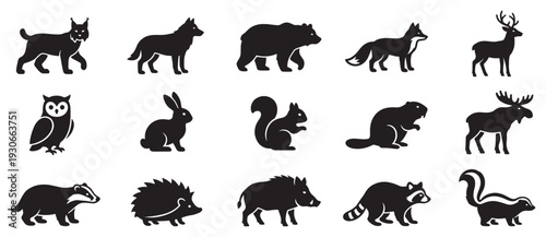 Collection of various wild forest animals silhouettes and woodland creatures icons for nature designs, educational materials, and wildlife themes