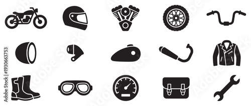 Motorcycle parts and accessories icons set featuring essential gear, components, and tools for riders and enthusiasts.
