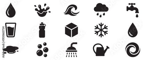 Water related symbols representing hydration, weather, and liquid concepts in a comprehensive collection of black silhouette icons.