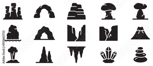 Natural geological formations and landforms are depicted as a comprehensive set of minimalist black silhouette icons for various design projects.