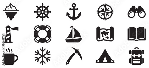 Set of adventure and exploration themed icons including nautical symbols, camping gear, and travel elements in a clean, modern black and white design.