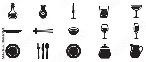 Dining and kitchenware icons collection showcasing a variety of essential items for restaurants, home settings, and culinary design projects.