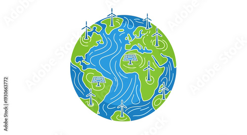 Green Earth Planet with Wind Turbines and Solar Panels - Renewable Energy