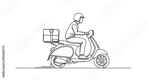 Delivery person on scooter with package, continuous line drawing