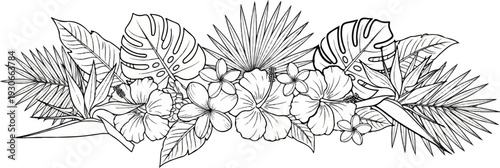 Ornate illustration of lush tropical foliage and exotic flowers in a decorative border