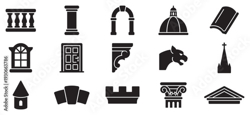 Architectural elements collection of various building components and decorative features in a set of black silhouette icons.