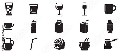 Beverage icons set featuring various drinks and containers, perfect for menus, websites, and graphic design projects.