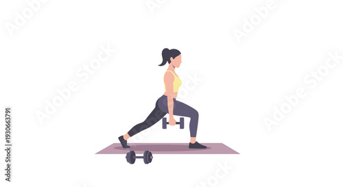 Woman exercising with dumbbells, lunge pose, fitness illustration