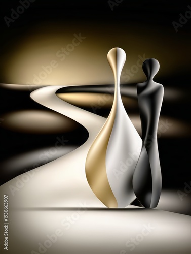AI-generated stylized illustration of two figures - maybe people - standing before a path into the horizon, in black, white, gray and gold