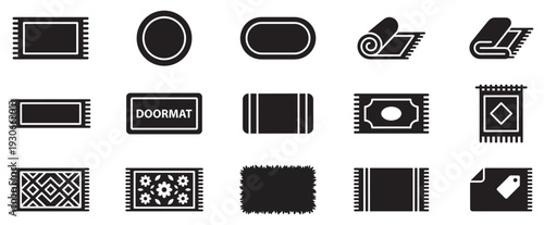 Mats rugs carpets doormats floor coverings icons collection showcasing diverse shapes and patterns in a minimalist glyph style.