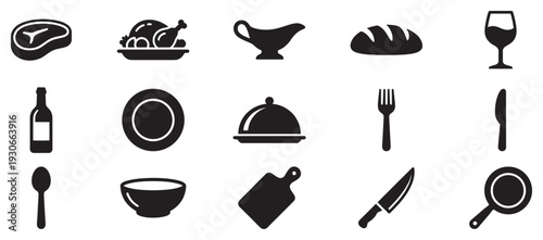 Food, cooking, and dining icons are essential elements for illustrating various culinary themes and restaurant services.