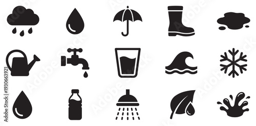 Water and weather icons collection illustrating various concepts related to nature, hydration, and environmental conditions.