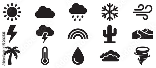 Weather climate nature icons set representing various atmospheric conditions and environmental elements for forecasting.