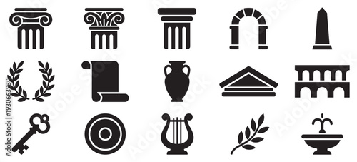 Ancient Greek and Roman symbols collection featuring classical historical elements including columns, scrolls, and amphoras in a vector illustration.