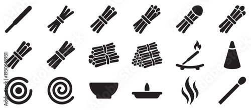 Incense sticks, cones, spirals, and various burning accessories depicted as silhouette icons for spiritual practices.