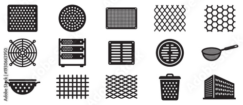 Perforated metal objects and mesh grates collection featuring various ventilation, filtration, and protective elements in a comprehensive icon set.