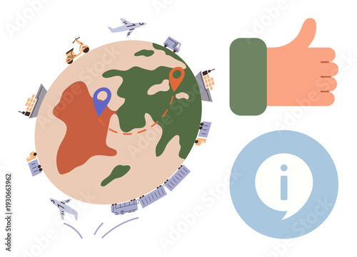 Global shipping, logistics tracking, delivery services, information sharing, business operation, transportation solutions. Globe with location points, vehicles and thumb up icon. Logistics tracking