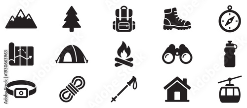 Collection of outdoor adventure and camping icons representing essential gear and nature symbols for wilderness exploration.