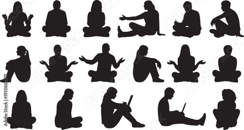Collection of diverse human silhouettes in various sitting and reclining poses.