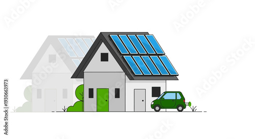 Eco-friendly House with Solar Panels and Electric Car